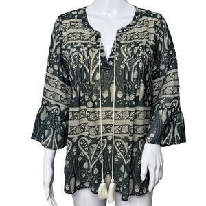 Skies are Blue Shirt Womens Small Green Cream Paisley Peasant Top Boho Bohemian‎